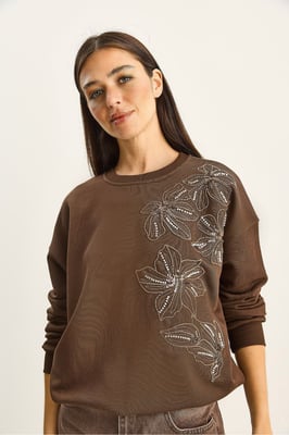 Bloemrijke Versierde Ronde Hals Relaxe Fit Sweatshirt