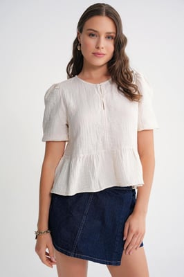 Gestructureerde Muslin Crew Neck Blouse met Knopsluiting
