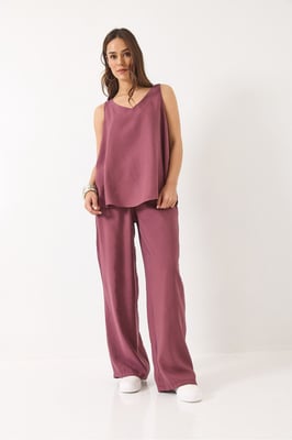 V-hals Katoenen Blouse-Broek Tweedelig Set