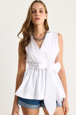 Lange Mouwloze V-hals Blouse met Striksluiting