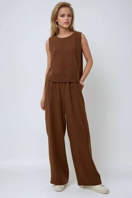 Linnen Voel Blouse & Elastische Taille Broek Tweedelige Coördinatie Set
