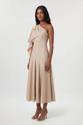 Petite Premium Tailored Linen High Neck One Shoulder Full Midi Dress