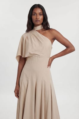 Petite Premium Tailored Linen High Neck One Shoulder Full Midi Dress