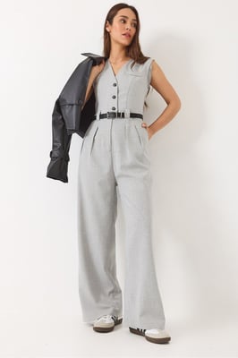 V-hals Wijde Pijpen Jumpsuit met Strikdetail