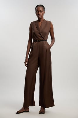 Premium Viscose Linen Tailored Belted Wide Leg Jumpsuit