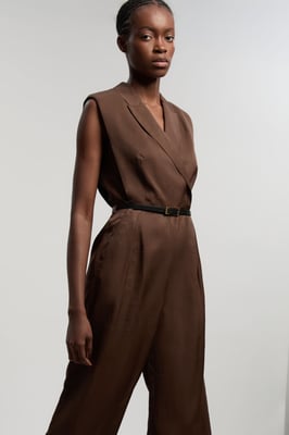 Premium Viscose Linen Tailored Belted Wide Leg Jumpsuit