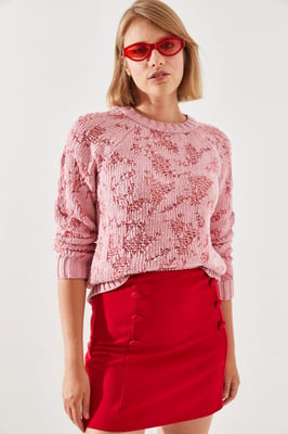 Abstract Stickad Tröja med Ribbade Detaljer