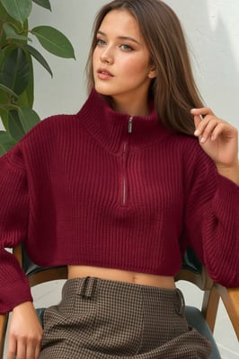 Thick Knitwear Crop Sweater with Zipper Collar