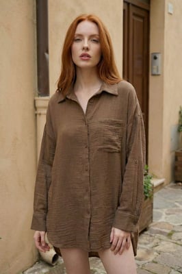 Gestructureerde Oversized Lange Shirt met Knopen Sluiting