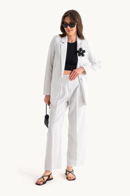 Striped Blazer with Flower Detail & Straight Leg Trousers Coord