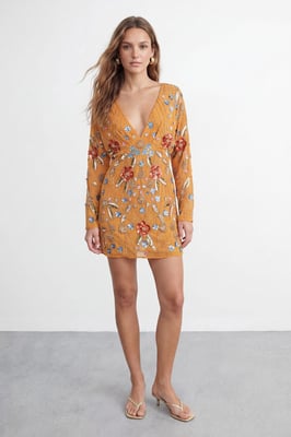 Premium Hand Embellished Plunge Mini Dress with Kimono Sleeve