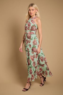 Halterneck Pleated Tiered Maxi Dress