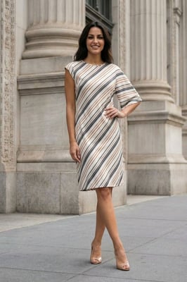 Asymmetrische Gestreepte Maxi-jurk met Ronde Hals
