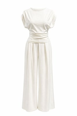 Hoge Taille Wijde Pijpen Brei Co-Ord Set met Boothals