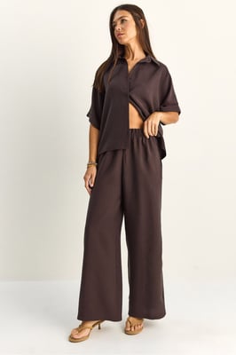 Hoge taille wijde been twee-delige co-ord set met overhemdkraag