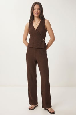 Gestructureerde V-hals Hoge Taille Co-Ord Set met Wijde Pijpenbroek