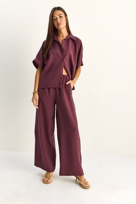 Hoge Taille Wijde Pijpen Twee-delige Co-ord Set met Shirtkraag