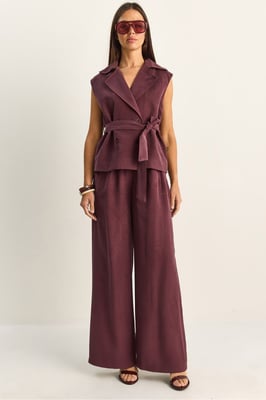 Hoge Taille Wijde Pijpen Co-ord Set met Sjaalkraag