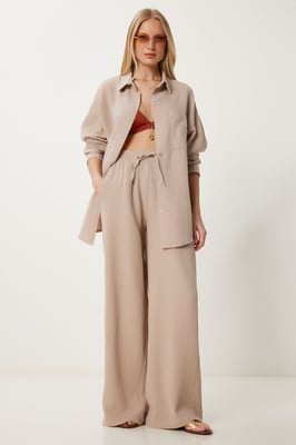 Hoge Taille Brede Pijpen Twee-Delig Co-ord Set met Kraag