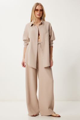 Hoge Taille Brede Pijpen Twee-Delig Co-ord Set met Kraag