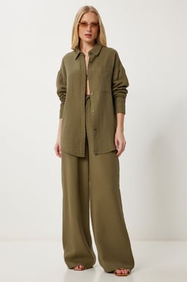 Hoge Taille Brede Pijpen Twee-Delig Co-ord Set met Kraag
