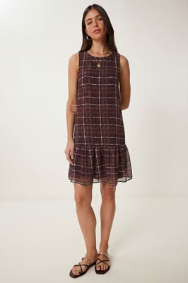 Geruite Mini-jurk met Rimpels en Een Ronde Hals