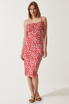 Blommig ribbad bodycon midikjol med sprund