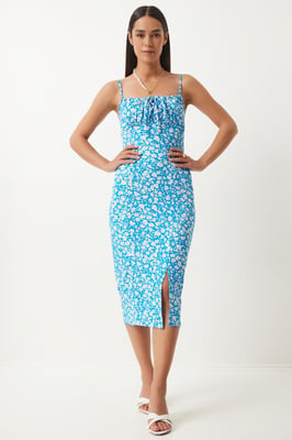 Blommig Ribbad Bodycon Midiklänning med Slits