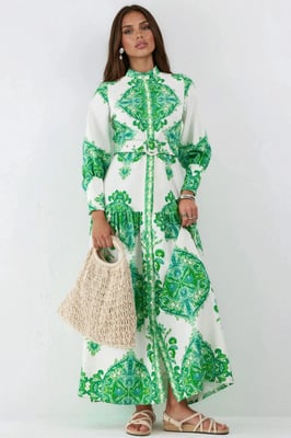 Paisleyprint Maxi-jurk met riem en overhemdkraag