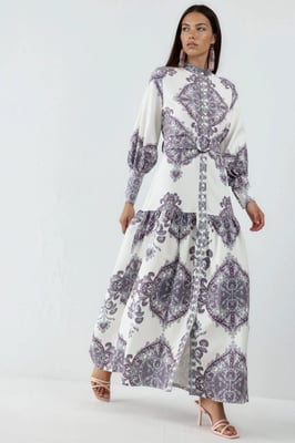 Paisley-print maxi-jurk met riem en overhemdkraag