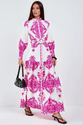 Paisleymotief Maxijurk met Ceintuur en Blouse-Kraag