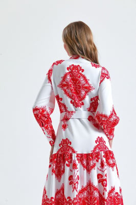 Paisley-print maxi-jurk met strikceintuur en kraag