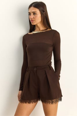 Hoge Taille Wijde Pijp Korte Broek met Kantdetails