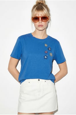 Bloemig Geborduurd Crew Neck T-Shirt