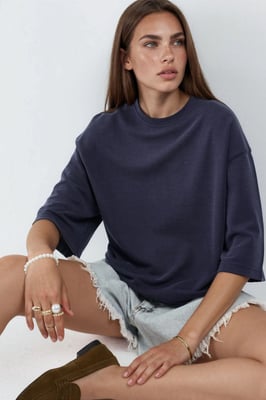 Oversized Geribde Korte Blouse met Ronde Hals