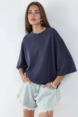 Oversized Geribde Korte Blouse met Ronde Hals