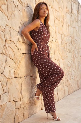 Spot Pleat Neck Jumpsuits