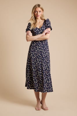 Navy Ditsy Short Sleeve Jersey Midi Dress