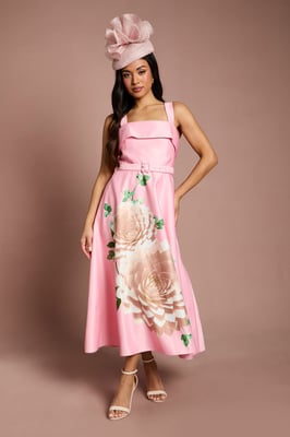 Petite Lisa Tan Floral Placement Print Belted Midi Dress