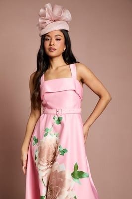 Petite Lisa Tan Floral Placement Print Belted Midi Dress