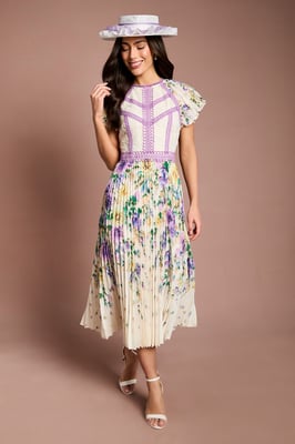 Lisa Tan Floral Printed Lace Trim Pleated Midi Dress