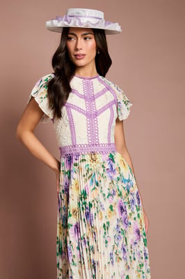 Lisa Tan Floral Printed Lace Trim Pleated Midi Dress