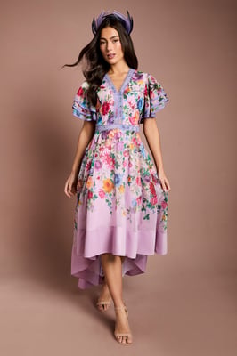 Lisa Tan Statement Shoulder High Low Printed Midi Dress