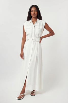 Premium Viscose Linen Belted Woven Maxi Dress With Gold Hardware Detail