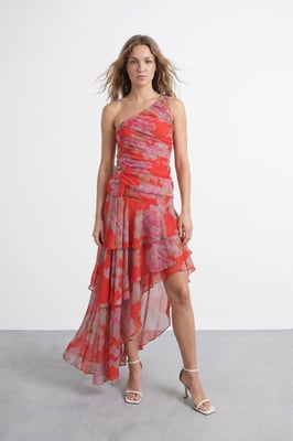 Floral Print Halterneck Asymmetric Hem Ruffle Dress