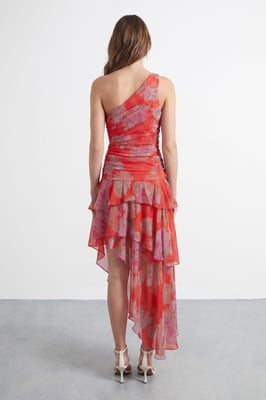 Floral Print Halterneck Asymmetric Hem Ruffle Dress