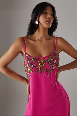 Hand Embellished Strappy Bias Sequin Midi Dress