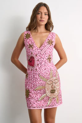 Premium Hand Embellished V Neck Mini Dress