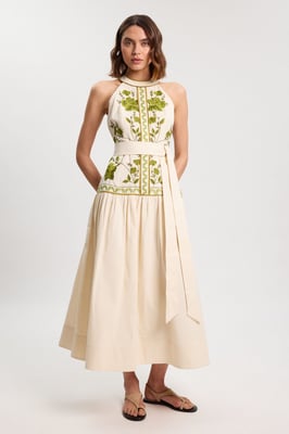 Rose Embroidered Cotton Twill Woven Maxi Dress
