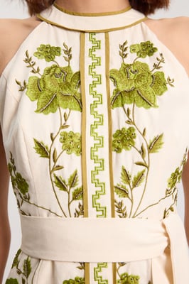Rose Embroidered Cotton Twill Woven Maxi Dress